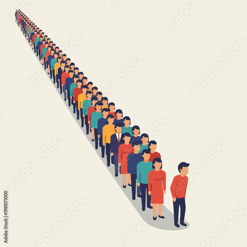 Isometric vector illustration of a long perspective queue of people in a lineup