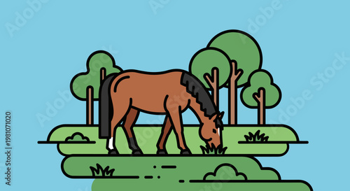 Brown Horse Grazing on Green Grass.