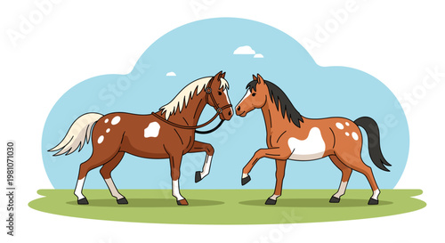 Two brown horses with white spots.
