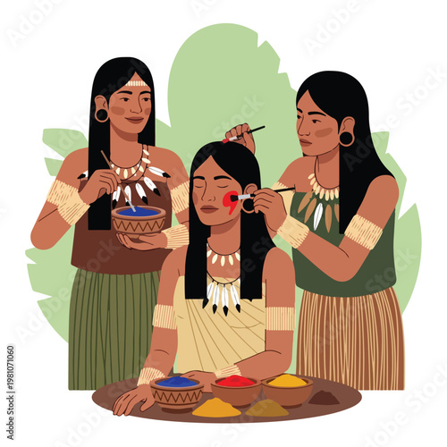 Indigenous women applying traditional face paint with brushes and colorful dyes
