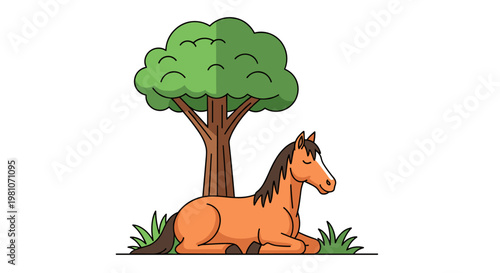 Brown Horse Lying Under Tree Shade.