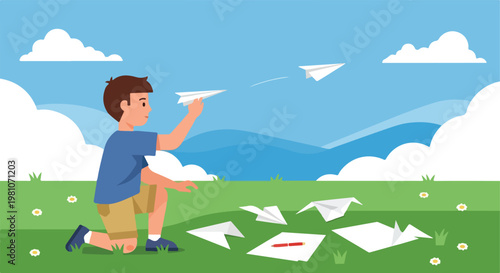 A young boy kneels on green grass throwing a white paper airplane into blue sky
