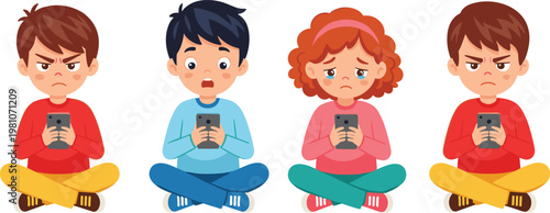 Vector Illustration Set of Children Using Smartphones and Experiencing Negative Emotions Featuring Sadness Anger and Surprise for Cyberbullying Awareness and Digital Wellness Graphic Designs