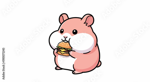 A funny cute rat character holding a carrot smiles in this happy pink vector illustration of a cartoon baby animal drawing isolated on a white background for farm and pet lovers