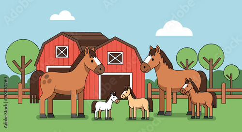Horses and foals on green pasture.