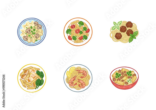 Italian Pasta Dishes and Gourmet Cuisine Elements with Colorful Crayony Pencil Texture and Organic Calligraphic Textures