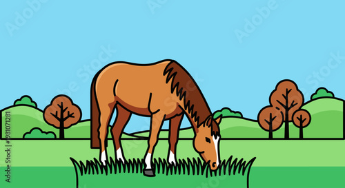 Brown Horse Grazing on Green Grass.