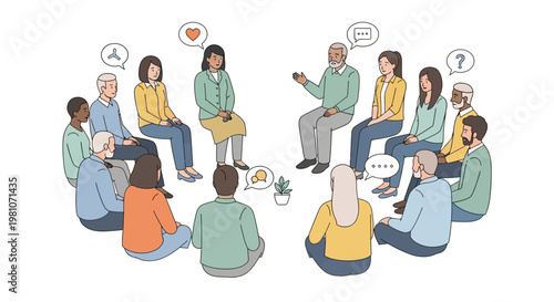 A diverse group of business people and family members represented as a set of flat vector cartoon icons and silhouettes illustrating teamwork, friendship, and professional work