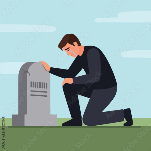 Grieving man kneeling and crying at a cracked tombstone in a cemetery landscape
