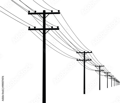 Electric power line poles perspective vector illustration, black and white minimal silhouette, transmission network infrastructure for energy distribution concept design