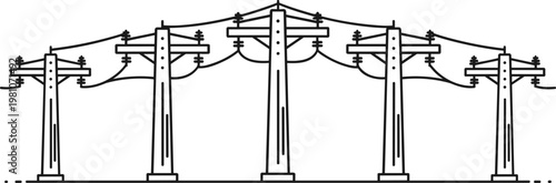 Electric power poles line art vector illustration, transmission lines infrastructure outline, minimal black and white electricity distribution network design concept