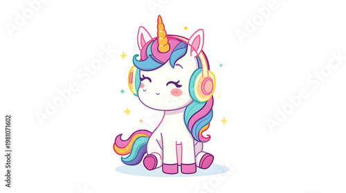 Cute cartoon unicorn wearing headphones, winking, rainbow mane and tail, colorful, whimsical illustration