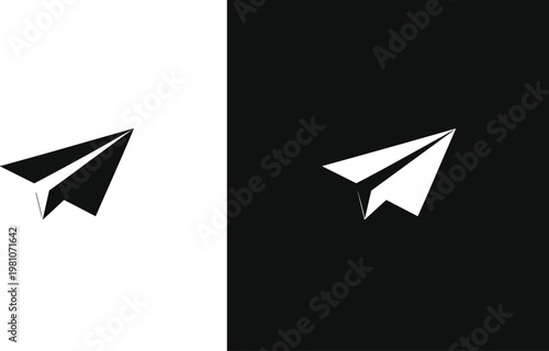 Minimal paper airplane icon vector illustration, black and white abstract geometric symbol, modern flat design isolated for apps branding