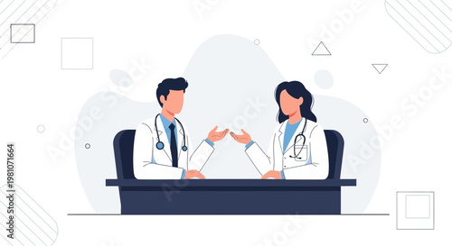 Two doctors discussing medical case at desk, modern flat illustration