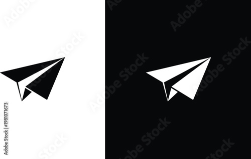 Minimal paper airplane icon vector, black and white geometric design, modern flat symbol isolated on background for branding and apps