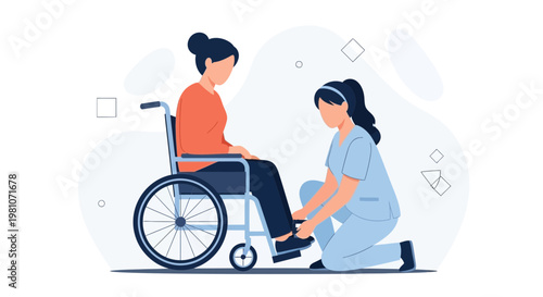 Nurse helping patient in wheelchair, physical therapy, medical care concept