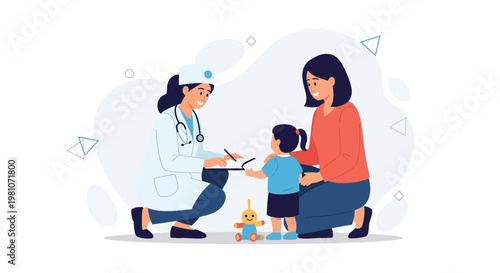 Doctor consulting with mother and child, pediatric healthcare, medical check-up illustration
