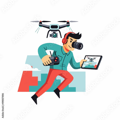 Man operating drone with camera and tablet device.