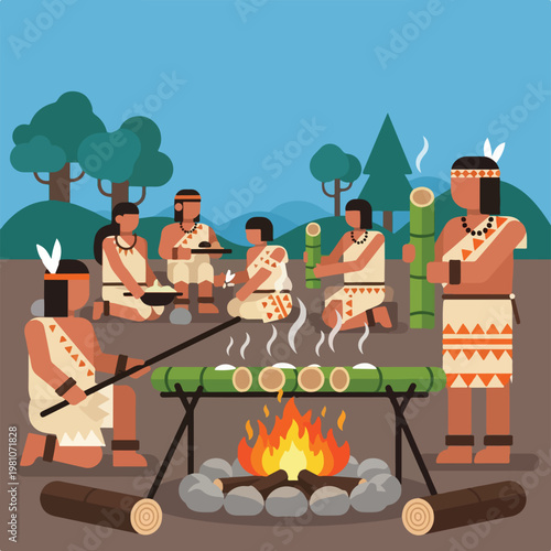 Flat vector of indigenous people cooking in bamboo over a campfire in a forest