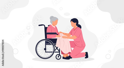 Nurse helping elderly woman in wheelchair with blanket, caregiving concept illustration