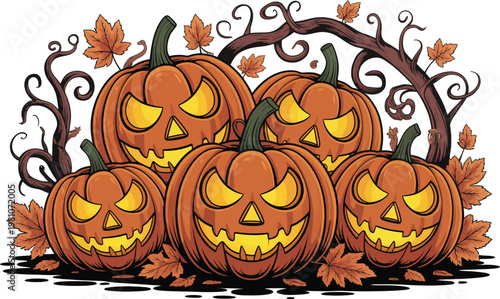 Group of five spooky jack-o-lantern pumpkins with carved faces and autumn leaves halloween decoration celebration illustration tradition branches collection traditional seasonal