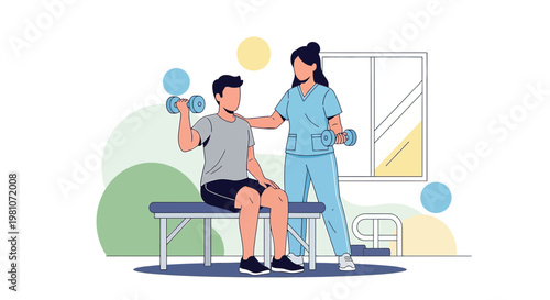 Physical therapist assisting patient with dumbbell exercise, rehabilitation and recovery