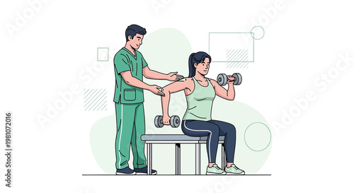 Physical therapist assisting patient with dumbbell arm exercise, rehabilitation, and recovery