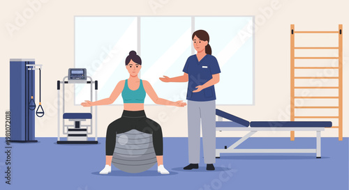 Physical therapist assisting patient with exercise ball in rehabilitation clinic