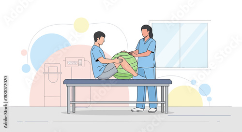 Physical therapist assisting patient with exercise ball during rehabilitation session