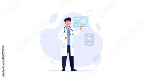 Doctor using futuristic digital interface for medical data analysis and diagnosis