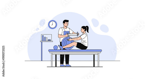 Physical therapist assisting patient with exercise ball for rehabilitation and recovery