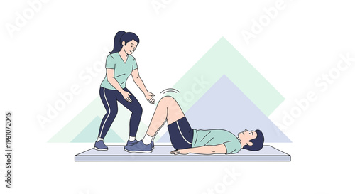 Physical therapist assisting patient with knee rehabilitation exercise on mat