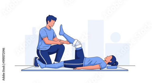 Physical therapist assisting patient with leg exercise for rehabilitation after injury or surgery