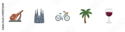 Barcelona Travel and Spanish Culture Elements with Inky Brush Strokes and Crayon Colorful Aesthetic