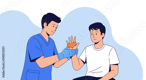 Physical therapist assisting patient with hand exercise using therapy putty