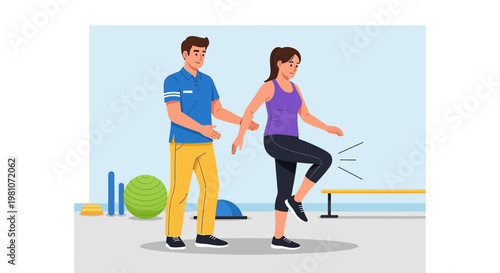 Physical therapist assisting patient with leg exercise for rehabilitation in clinic