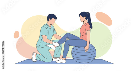 Physical therapist assisting patient with leg exercise on fitness ball, rehabilitation concept
