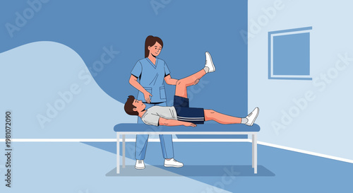 Physical therapist assisting patient with leg extension exercise on examination table