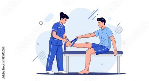 Physical therapist assisting patient with leg rehabilitation exercise on bench