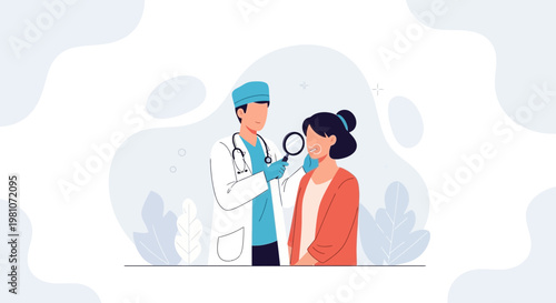 Dermatologist examining patient's face with magnifying glass, skin checkup, medical consultation