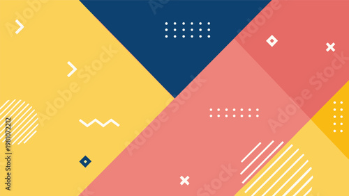 Geometric background with yellow blue and coral diagonal sections featuring white minimalist shapes like circles lines dots crosses and zigzags in a flat style