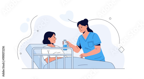 Nurse giving water to patient in hospital bed, healthcare illustration