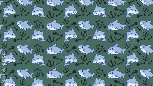 Blue sharks swim near anchors and bones. Dark green background creates a nautical feel. Pattern repeats evenly for wallpaper or fabric. Perfect for kids' room or beach-themed decor