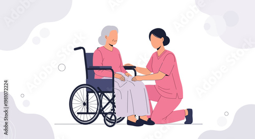 Caring nurse assisting elderly woman in wheelchair, healthcare, home care, support
