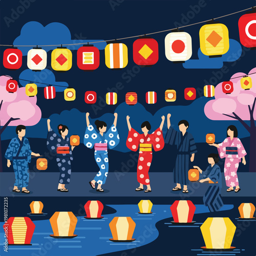 People in yukata celebrating Japanese lantern festival by river under night sky