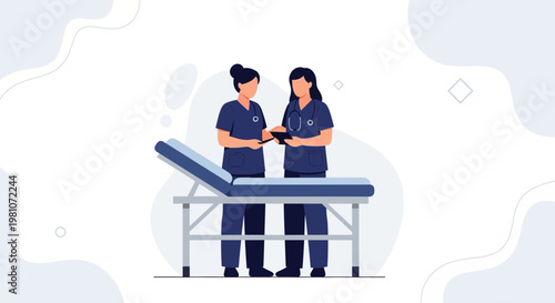 Two nurses in uniform discussing medical data on a tablet next to a medical examination table.