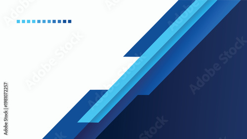 Abstract background with diagonal blue stripes and a row of small squares on a white field featuring layered geometric shapes in varying shades of navy and cyan blue colors