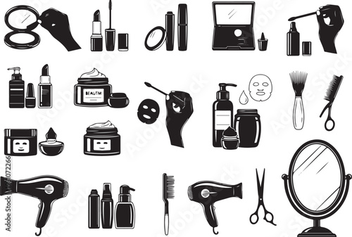 Black and white of various beauty and hair care products
