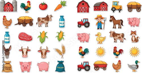 Farm Animals and Agricultural Products Icon Set with Barns, Crops, Livestock, and Farm Tools for Rural and Farming Designs