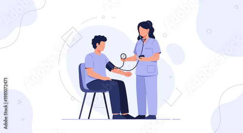 Nurse checking patient's blood pressure with sphygmomanometer, medical check-up illustration